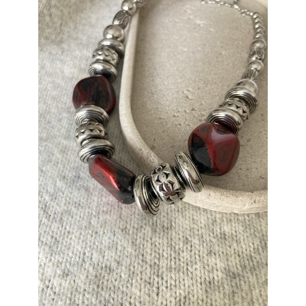 Red Black‎ Silver Tone Beaded Statement Necklace Chunky Statement Party